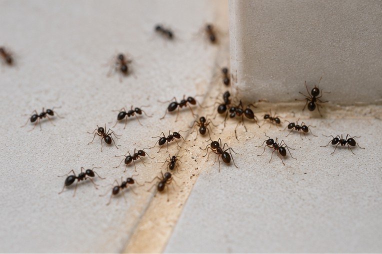 Trail of ants on a kitchen countertop