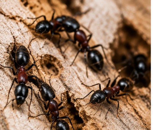 Carpenter ants tunneling through damaged wood