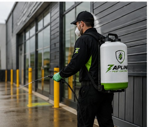 Zapline technician treating a commercial property exterior