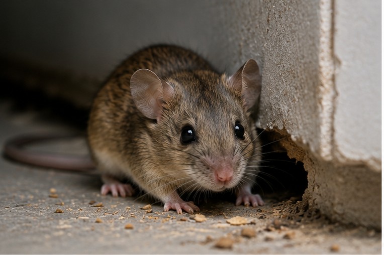 Mouse emerging from a gap in a wall