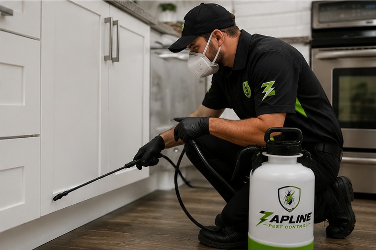 Zapline Pest Control technician treating a kitchen for pests
